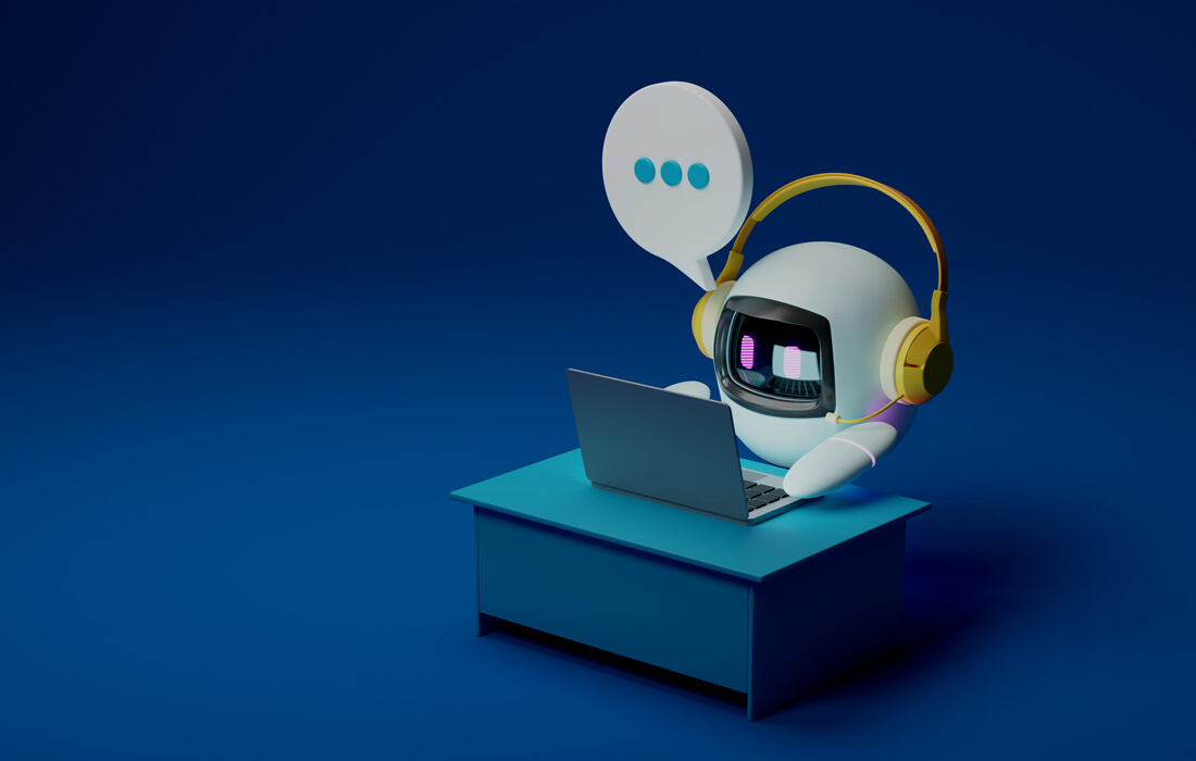 Robot with bright yellow headphones and laptop on blue backgroun